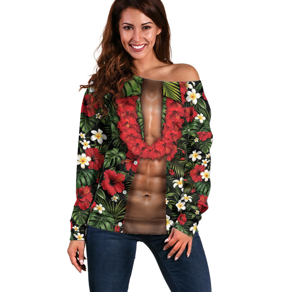 Hawaiian Floral Muscle Abs Off Shoulder Sweater Six Pack Hibiscus Flower Lei Luau DT05 Women Black - Polynesian Pride