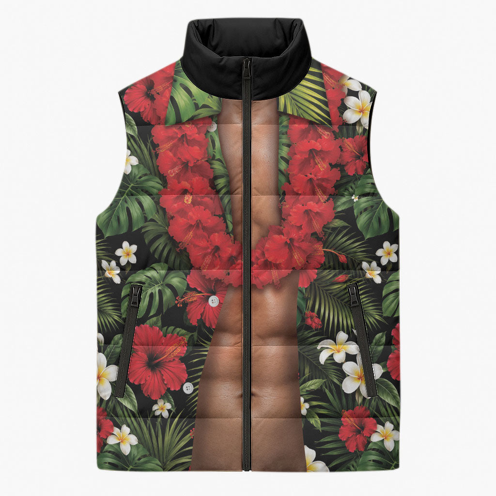 Hawaiian Floral Muscle Abs Sleeveless Puffer Jacket Six Pack Hibiscus Flower Lei Luau DT05 Unisex Black - Polynesian Pride