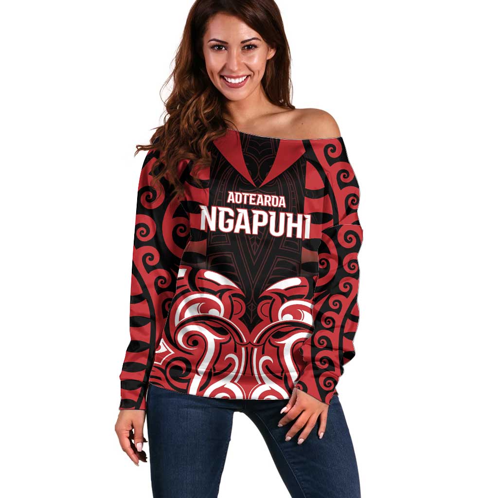 Custom Aotearoa Ngapuhi Off Shoulder Sweater Maori Pattern New Zealand DT05 Women Red - Polynesian Pride