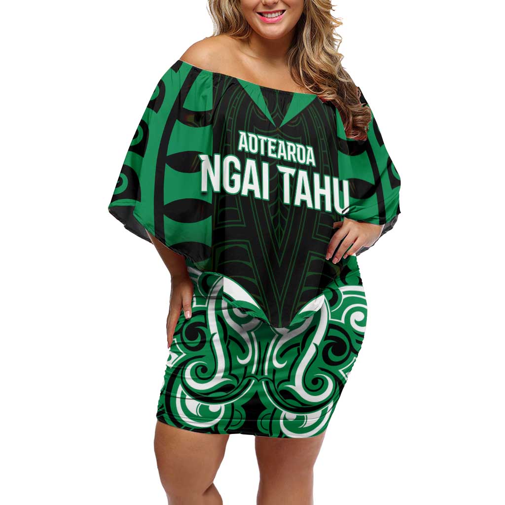 Custom Aotearoa Ngai Tahu Off Shoulder Short Dress Maori Pattern New Zealand DT05 Women Green - Polynesian Pride