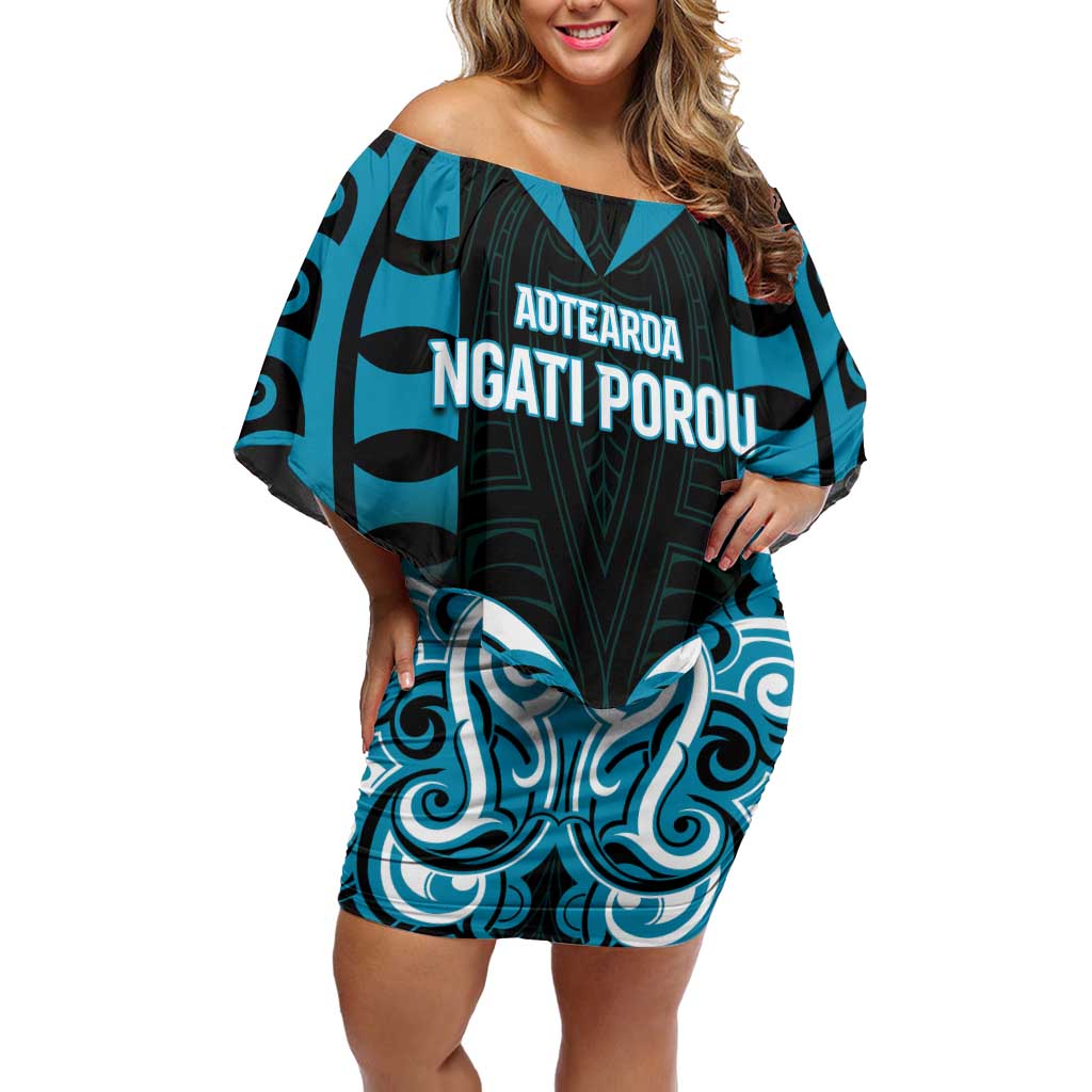Custom Aotearoa Ngati Porou Off Shoulder Short Dress Maori Pattern New Zealand DT05 Women Blue - Polynesian Pride