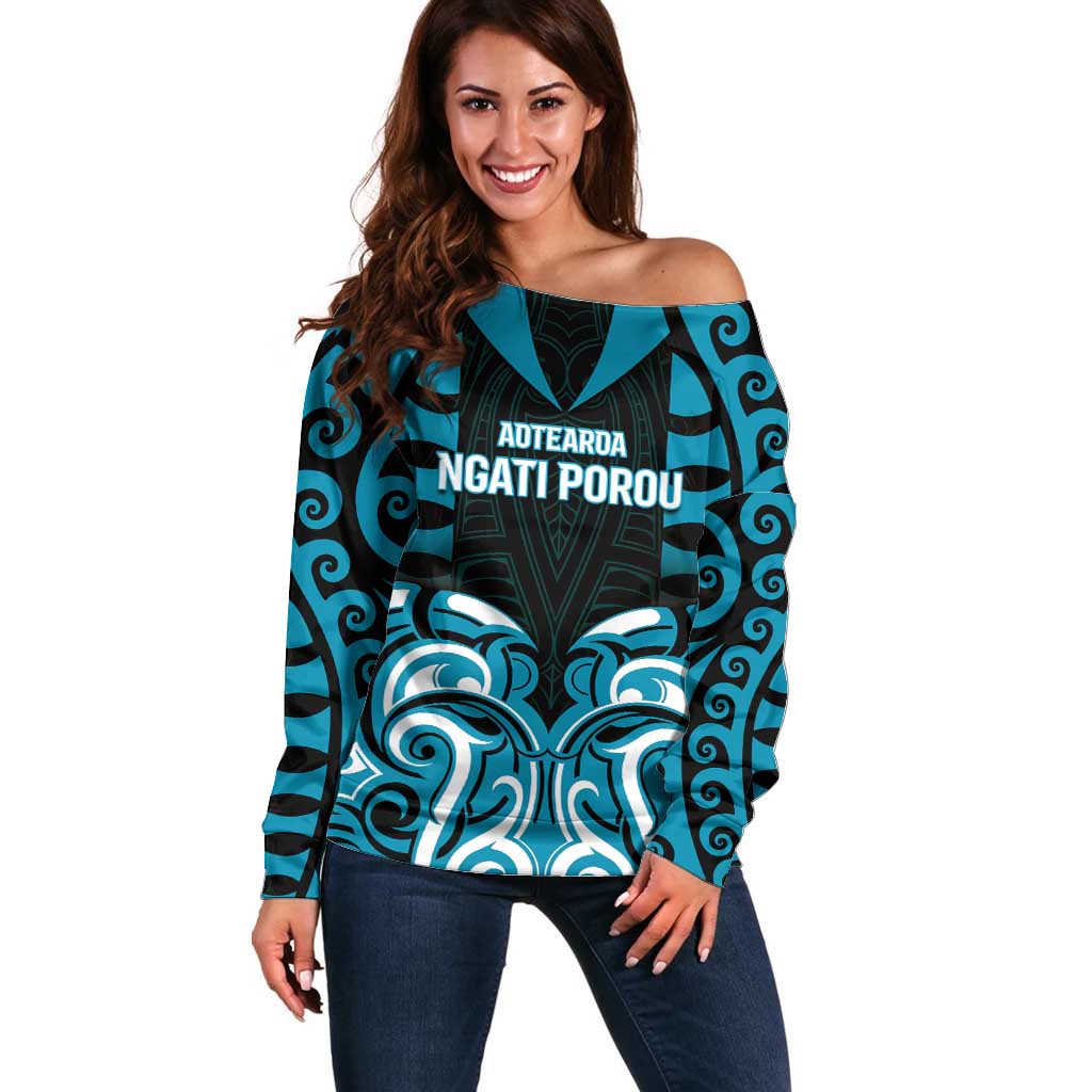 Custom Aotearoa Ngati Porou Off Shoulder Sweater Maori Pattern New Zealand DT05 Women Blue - Polynesian Pride