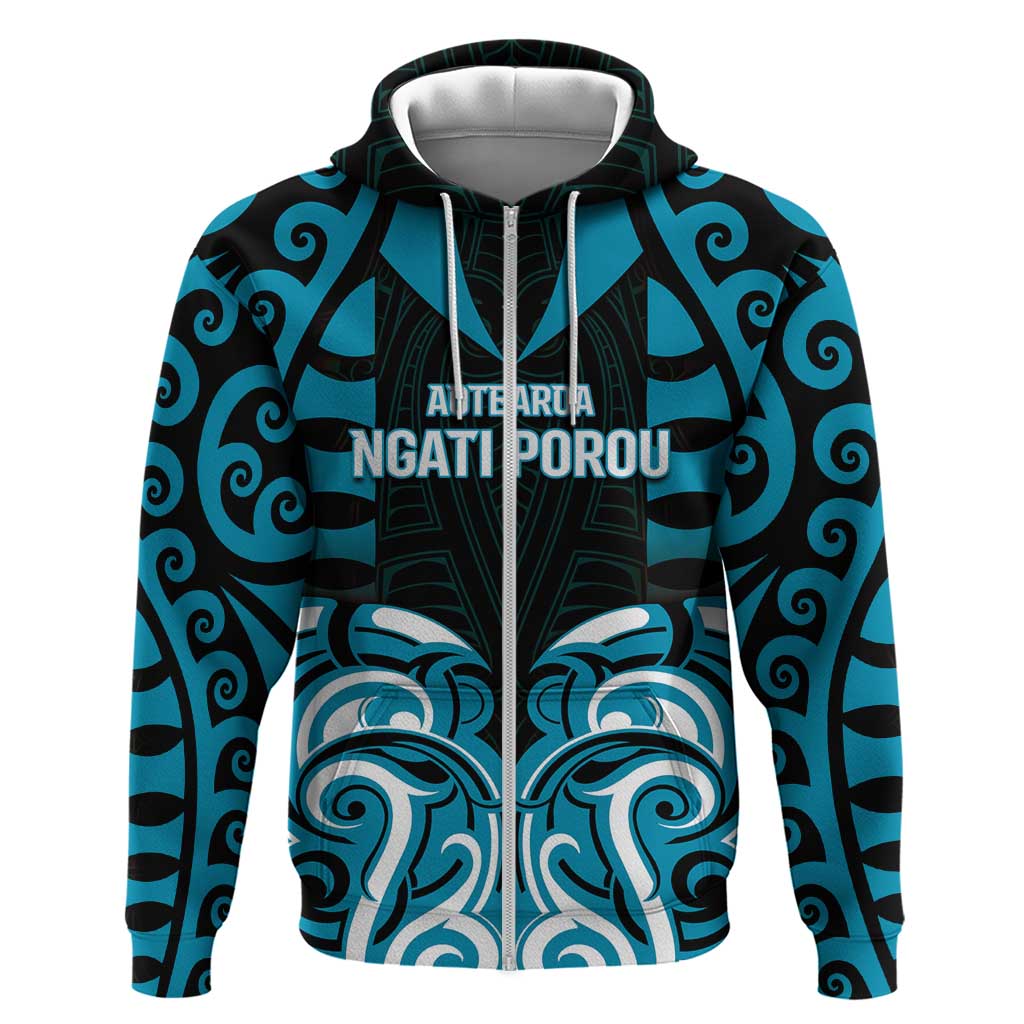 Custom Aotearoa Ngati Porou Zip Hoodie Maori Pattern New Zealand DT05 Zip Hoodie Blue - Polynesian Pride
