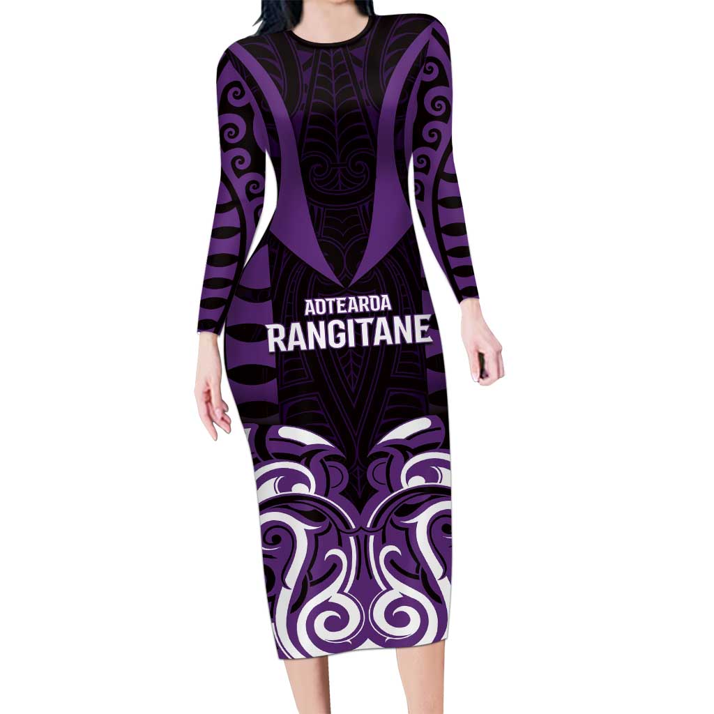 Custom Aotearoa Rangitane Long Sleeve Bodycon Dress Maori Pattern New Zealand DT05 Long Dress Purple - Polynesian Pride