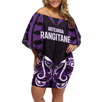 Custom Aotearoa Rangitane Off Shoulder Short Dress Maori Pattern New Zealand DT05 Women Purple - Polynesian Pride