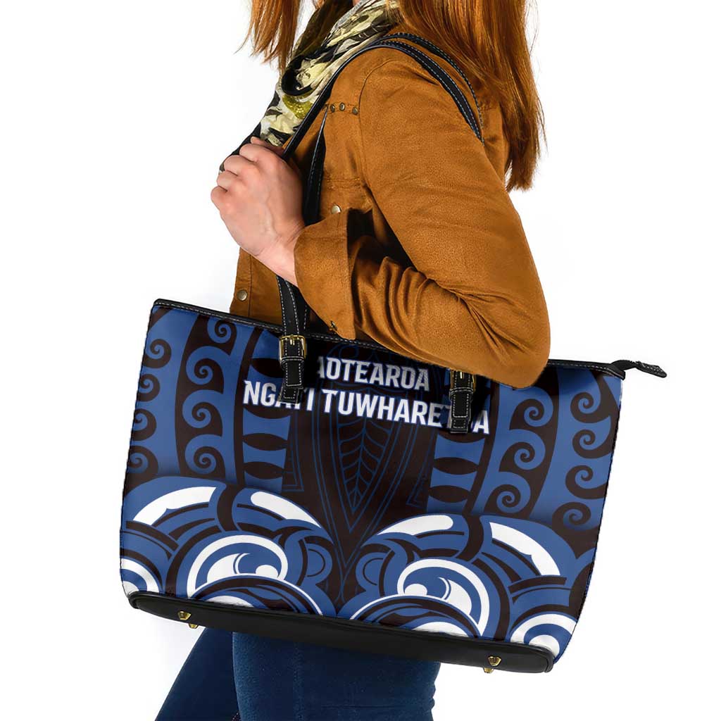 Aotearoa Ngati Tuwharetoa Leather Tote Bag Maori Pattern New Zealand DT05 Navy - Polynesian Pride