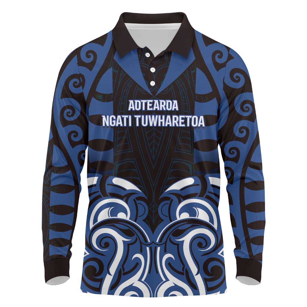Custom Aotearoa Ngati Tuwharetoa Long Sleeve Polo Shirt Maori Pattern New Zealand DT05 Navy - Polynesian Pride