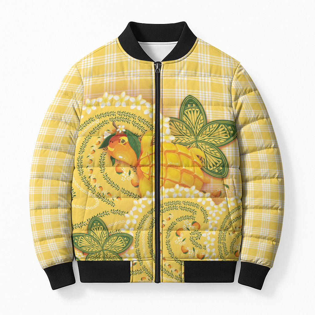 Hawaii Palaka Bomber Puffer Jacket Cute Ripe Mango Turtle On The Waves DT05 Unisex Yellow - Polynesian Pride