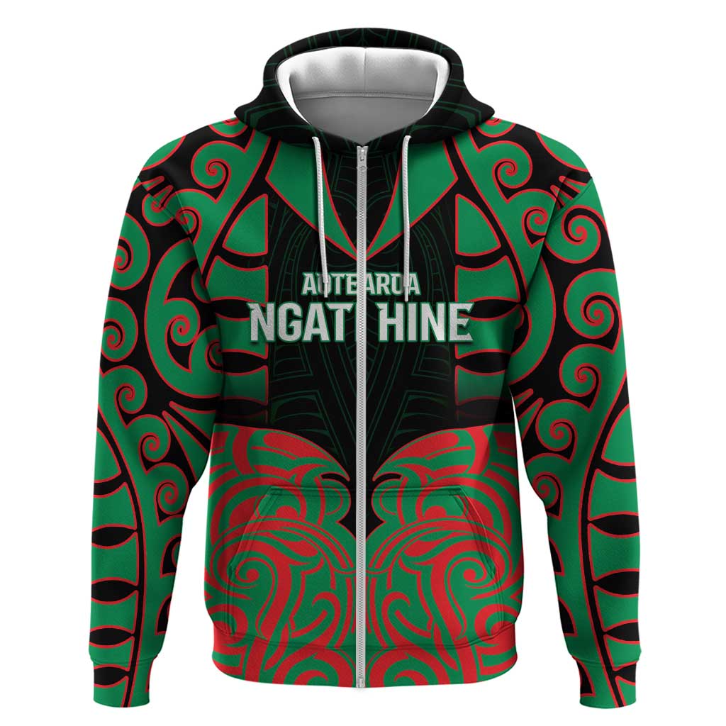 Custom Aotearoa Ngati Hine Hoodie Maori Pattern New Zealand DT05 Zip Hoodie Green - Polynesian Pride