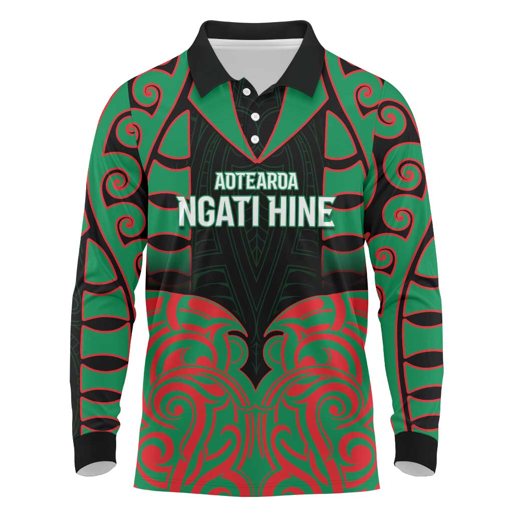 Custom Aotearoa Ngati Hine Long Sleeve Polo Shirt Maori Pattern New Zealand DT05 Green - Polynesian Pride
