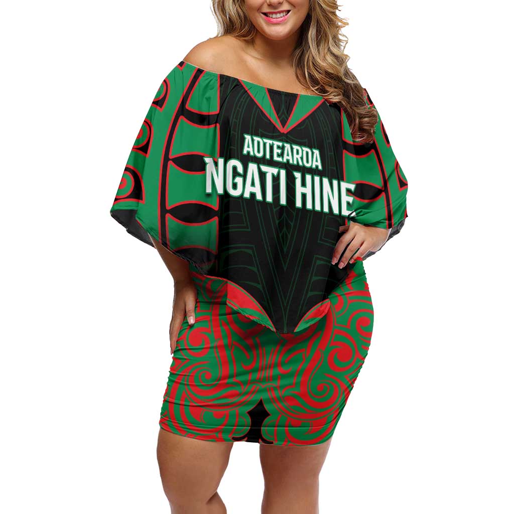 Custom Aotearoa Ngati Hine Off Shoulder Short Dress Maori Pattern New Zealand DT05 Women Green - Polynesian Pride