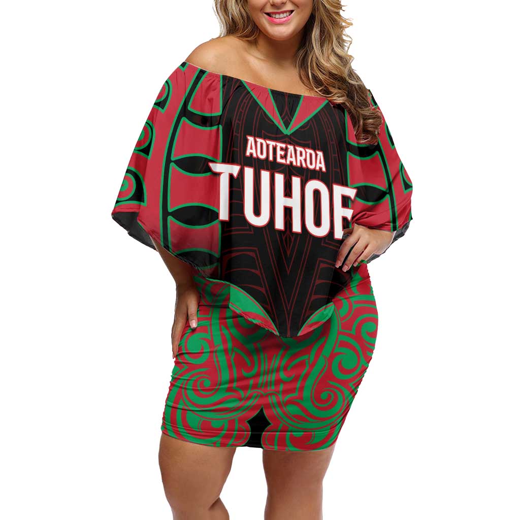 Custom Aotearoa Tuhoe Off Shoulder Short Dress Maori Pattern New Zealand DT05 Women Red - Polynesian Pride