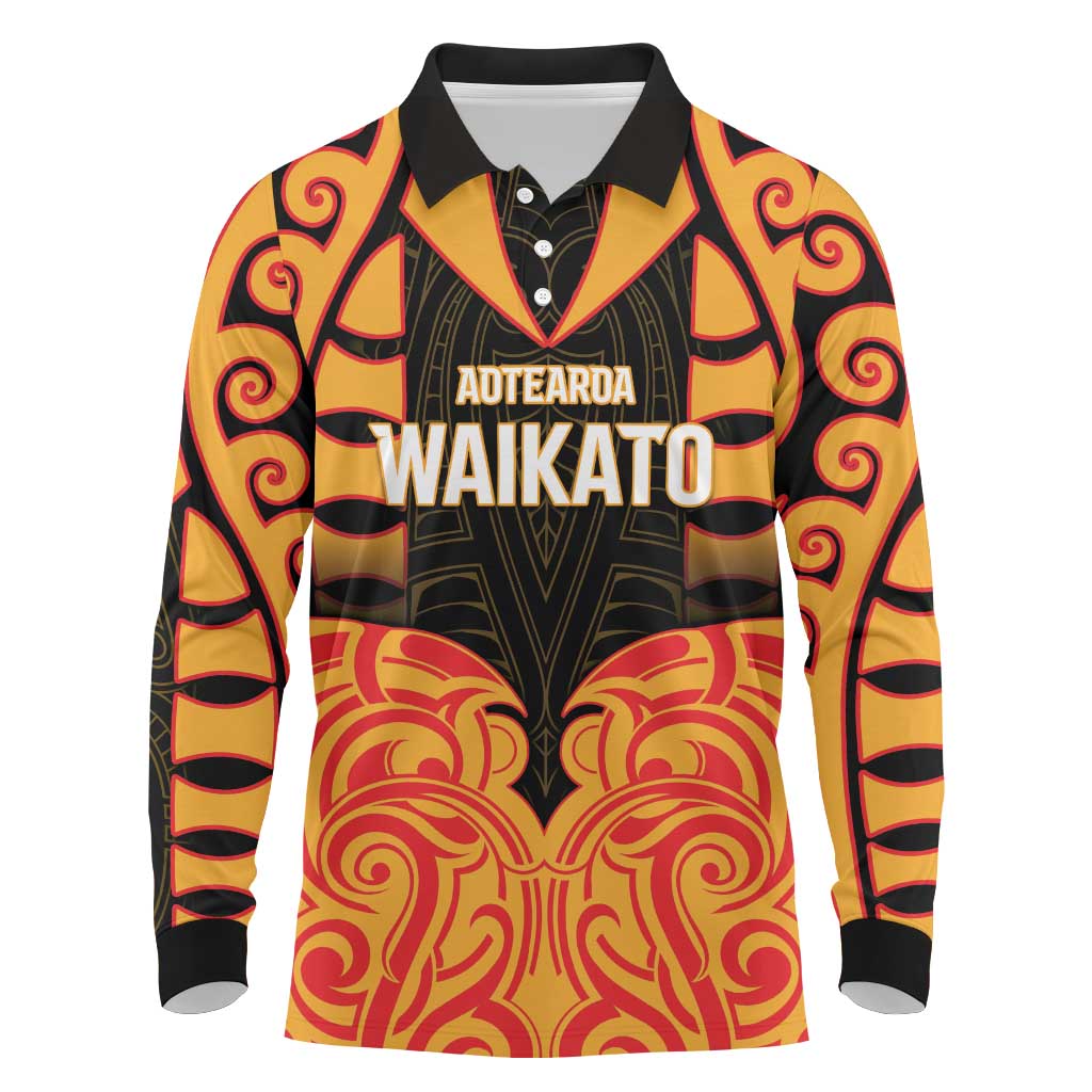 Custom Aotearoa Waikato Long Sleeve Polo Shirt Maori Pattern New Zealand DT05 Orange - Polynesian Pride