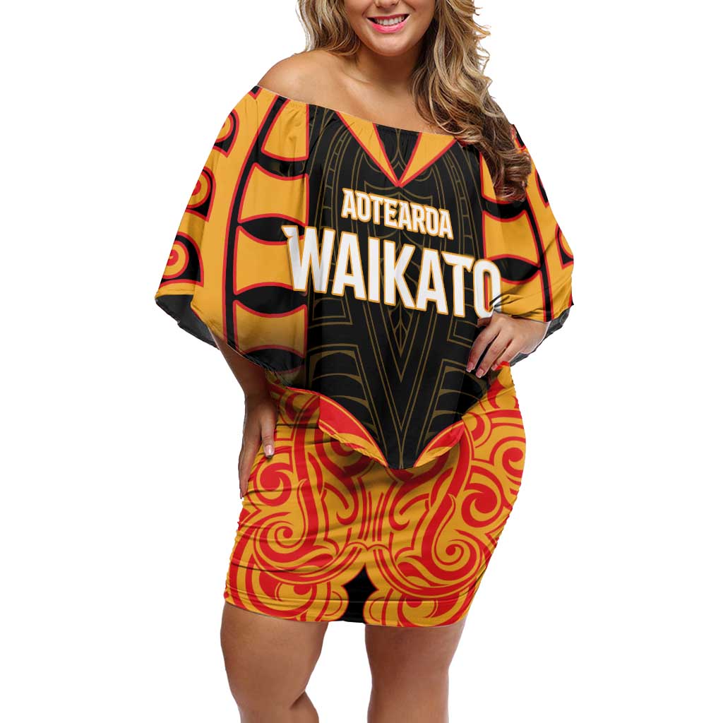 Custom Aotearoa Waikato Off Shoulder Short Dress Maori Pattern New Zealand DT05 Women Orange - Polynesian Pride