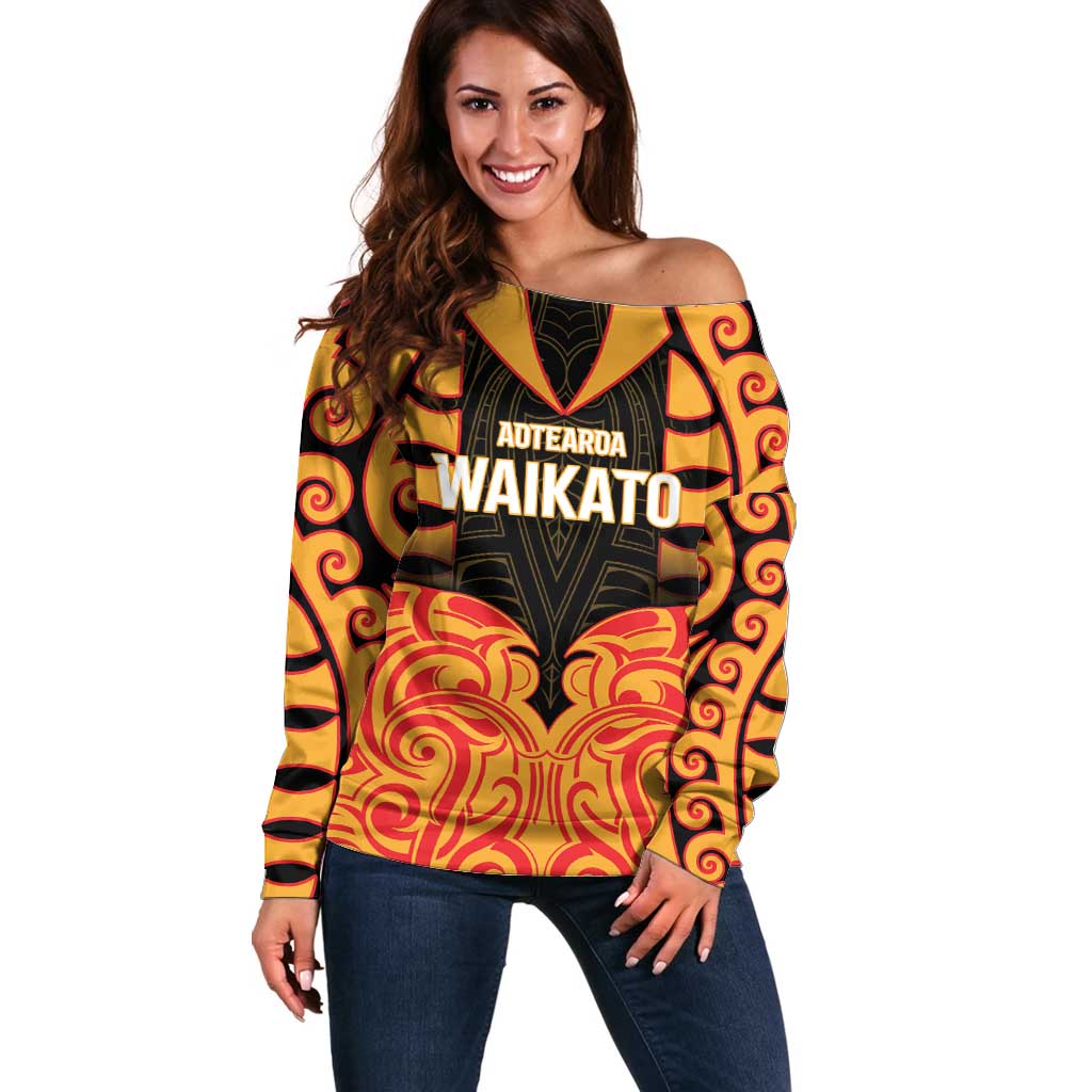 Custom Aotearoa Waikato Off Shoulder Sweater Maori Pattern New Zealand DT05 Women Orange - Polynesian Pride