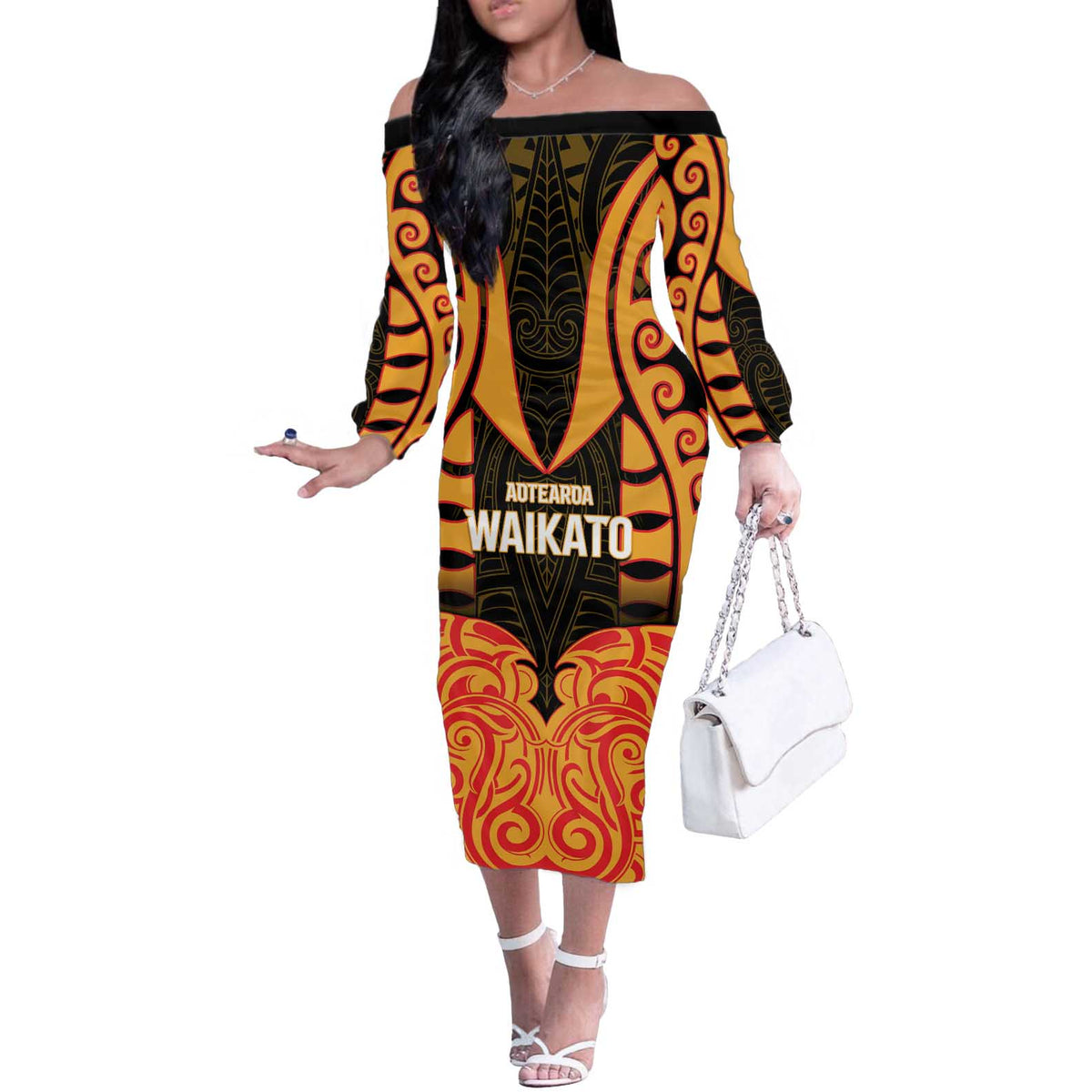 Custom Aotearoa Waikato Off The Shoulder Long Sleeve Dress Maori Pattern New Zealand DT05 Women Orange - Polynesian Pride
