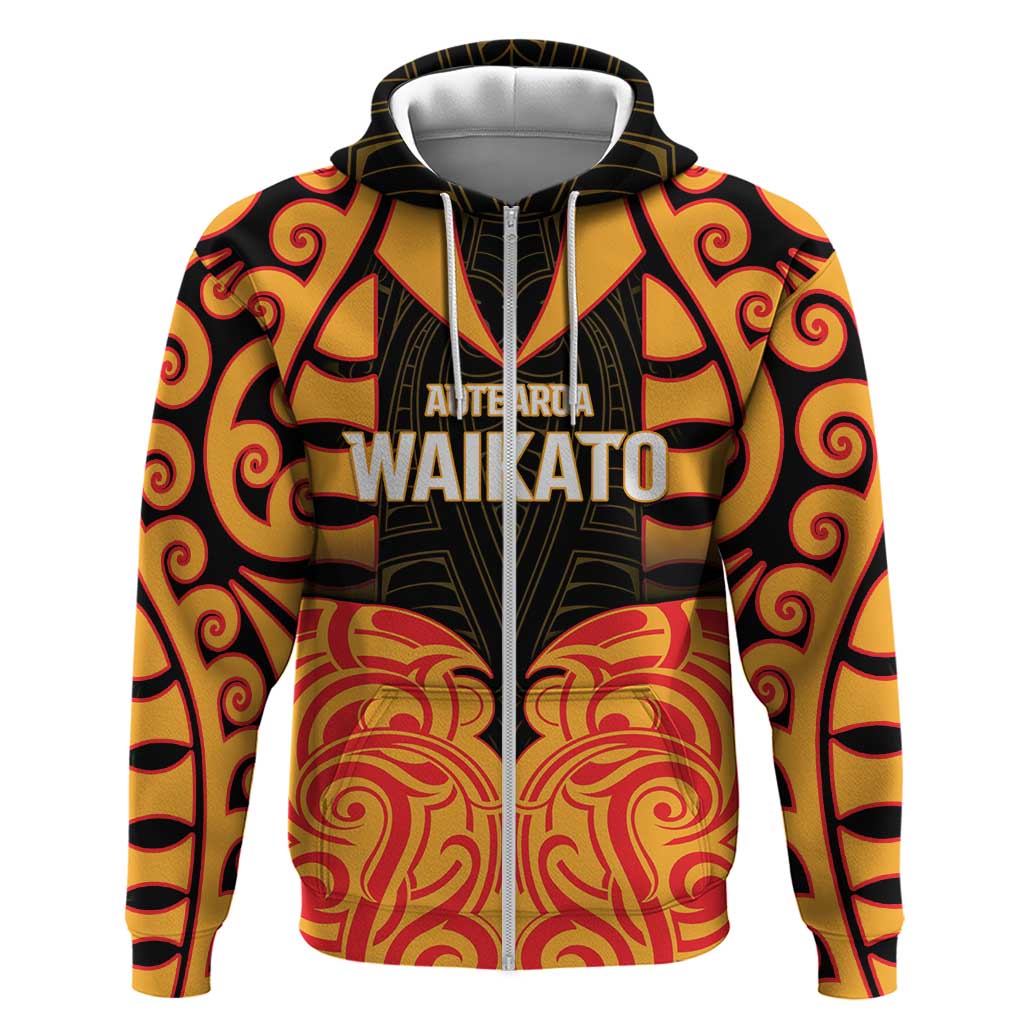 Custom Aotearoa Waikato Zip Hoodie Maori Pattern New Zealand DT05 Zip Hoodie Orange - Polynesian Pride