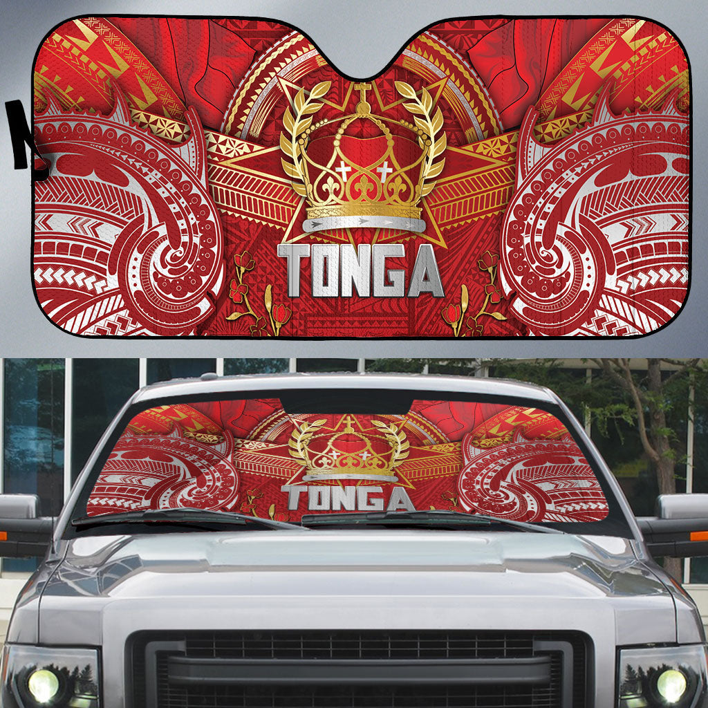 Tonga King's Birthday Auto Sun Shade Gold Royal Crown Tribal Patterns DT05 Red - Polynesian Pride