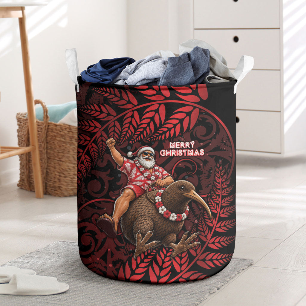 New Zealand Christmas Laundry Basket Red Santa Riding Kiwi Bird Silver Fern DT05 Red - Polynesian Pride