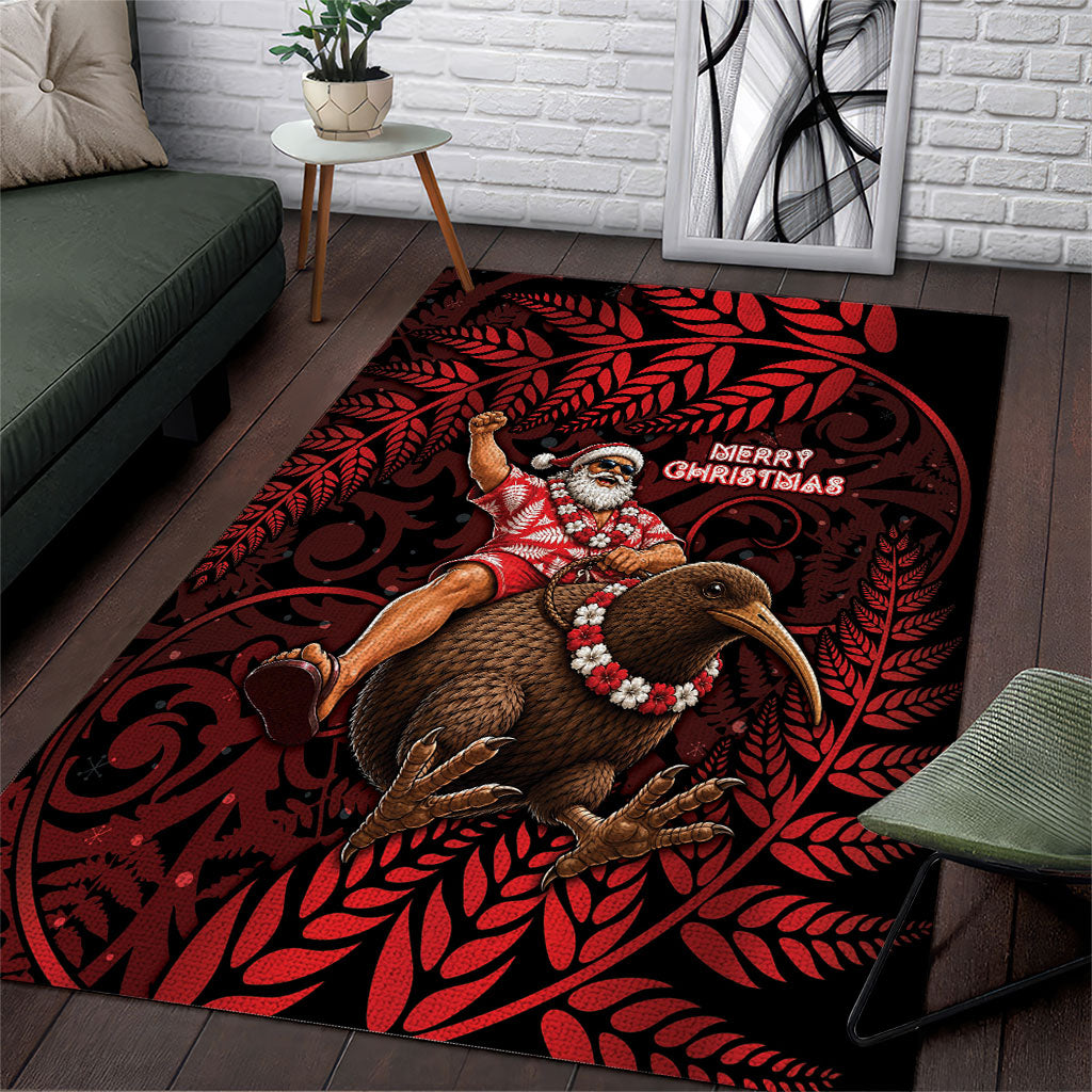 New Zealand Christmas Area Rug Red Santa Riding Kiwi Bird Silver Fern DT05 Red - Polynesian Pride