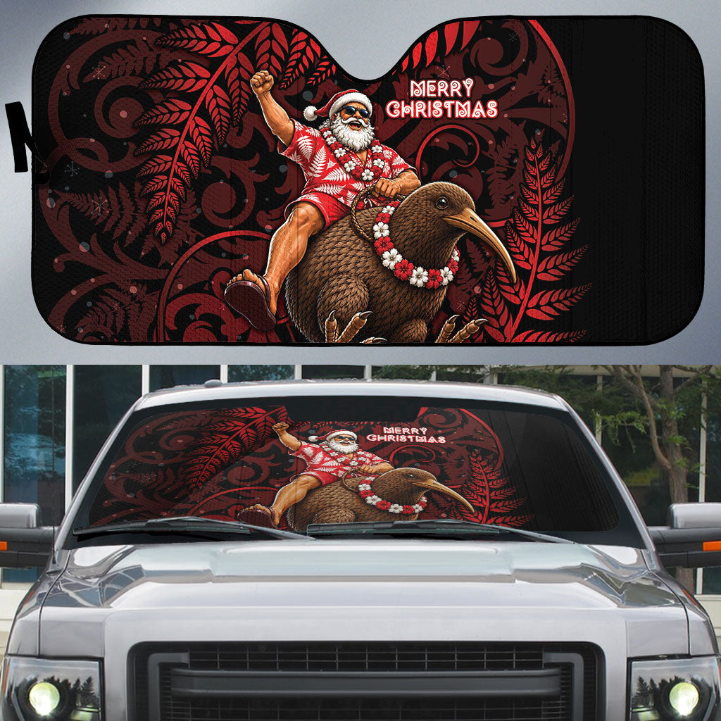 New Zealand Christmas Auto Sun Shade Red Santa Riding Kiwi Bird Silver Fern DT05 Red - Polynesian Pride