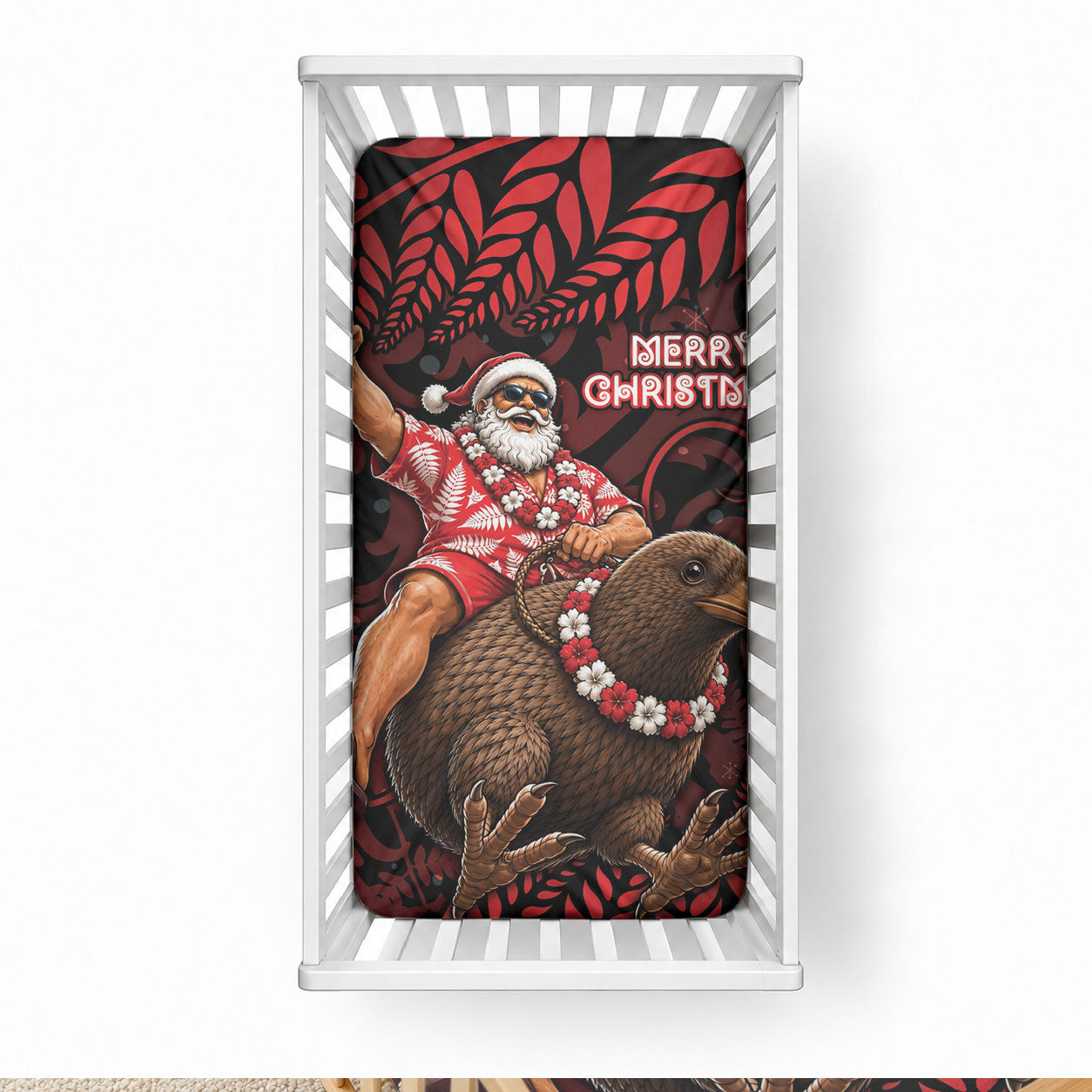 New Zealand Christmas Baby Bed Cover Red Santa Riding Kiwi Bird Silver Fern DT05 28 × 52 in Red - Polynesian Pride