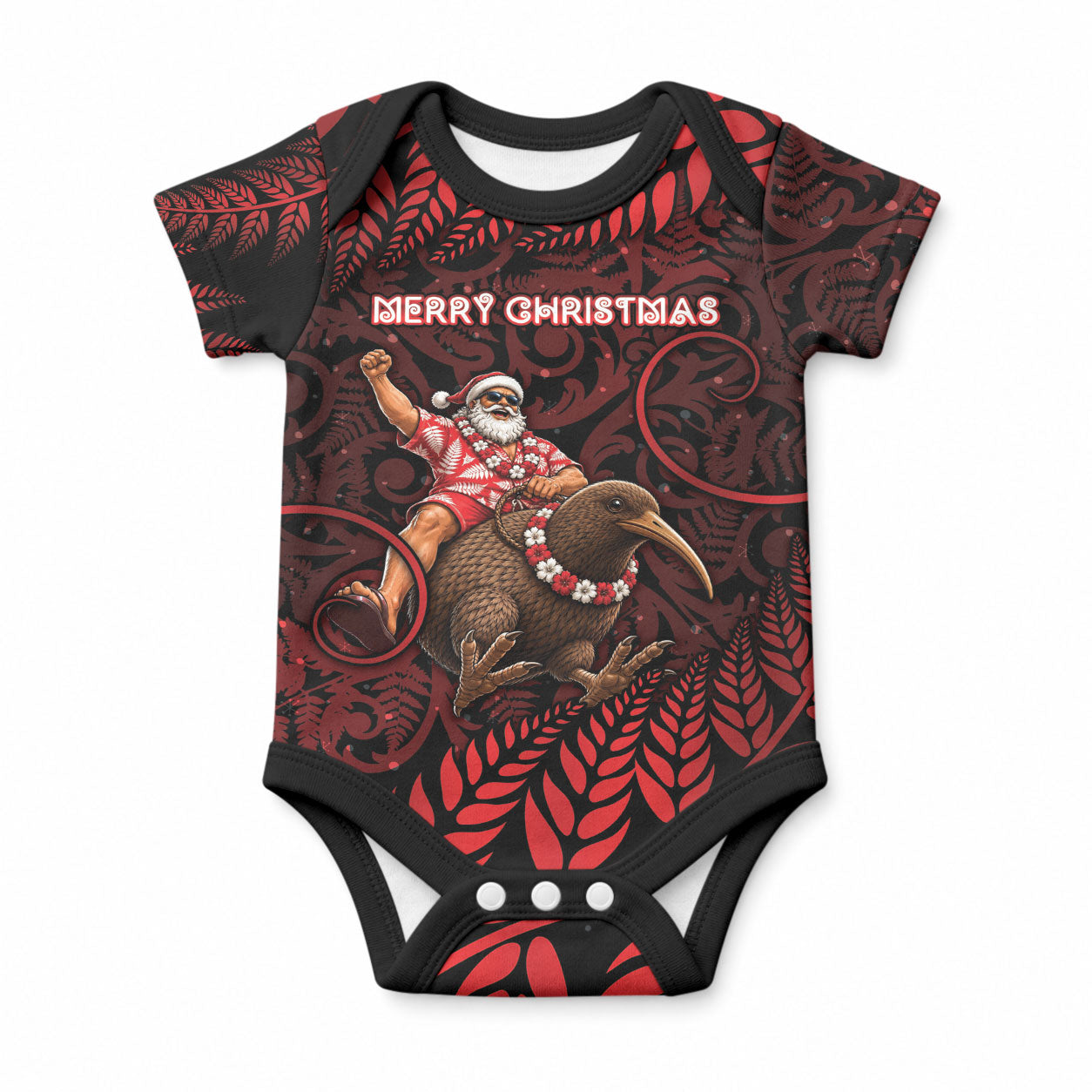 New Zealand Christmas Baby Onesie Red Santa Riding Kiwi Bird Silver Fern DT05 Red - Polynesian Pride