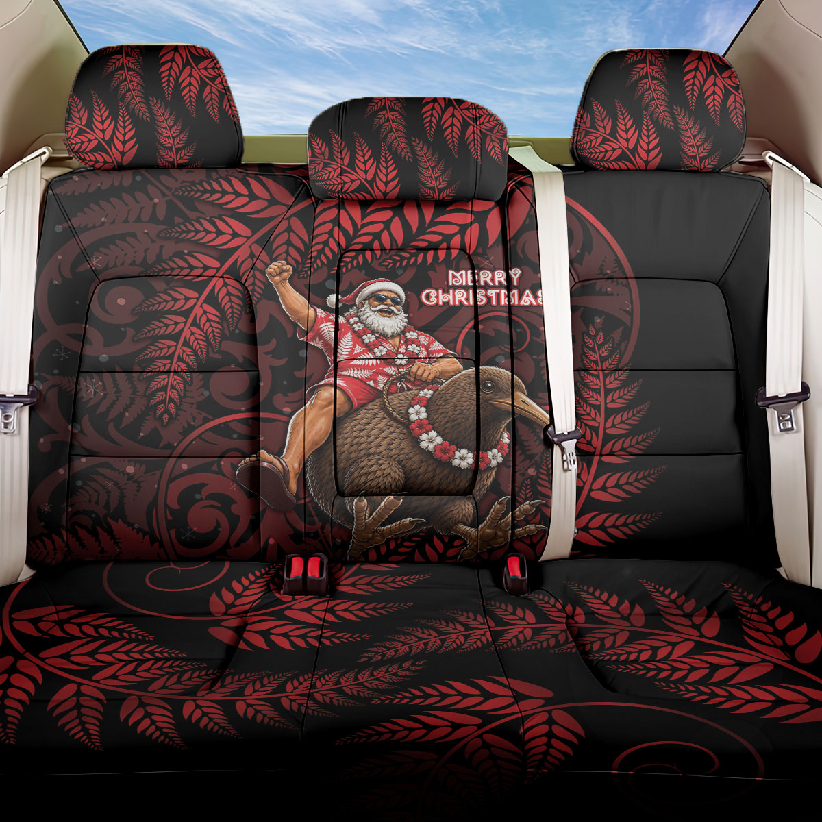 New Zealand Christmas Back Car Seat Cover Red Santa Riding Kiwi Bird Silver Fern DT05 One Size Red - Polynesian Pride