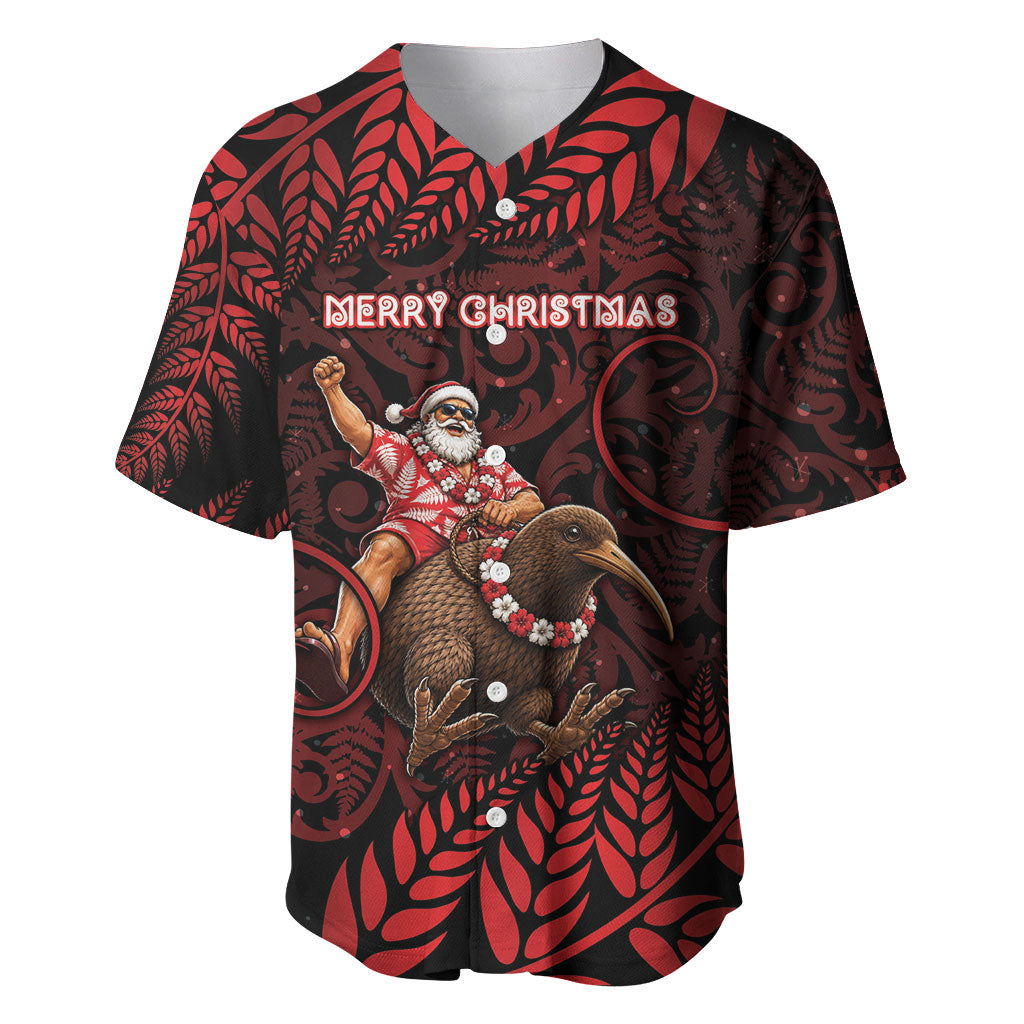 New Zealand Christmas Baseball Jersey Red Santa Riding Kiwi Bird Silver Fern DT05 Red - Polynesian Pride