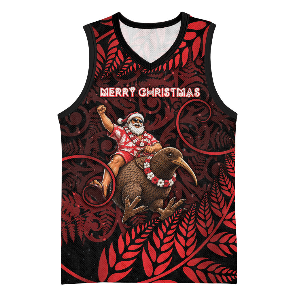 New Zealand Christmas Basketball Jersey Red Santa Riding Kiwi Bird Silver Fern DT05 Unisex Red - Polynesian Pride
