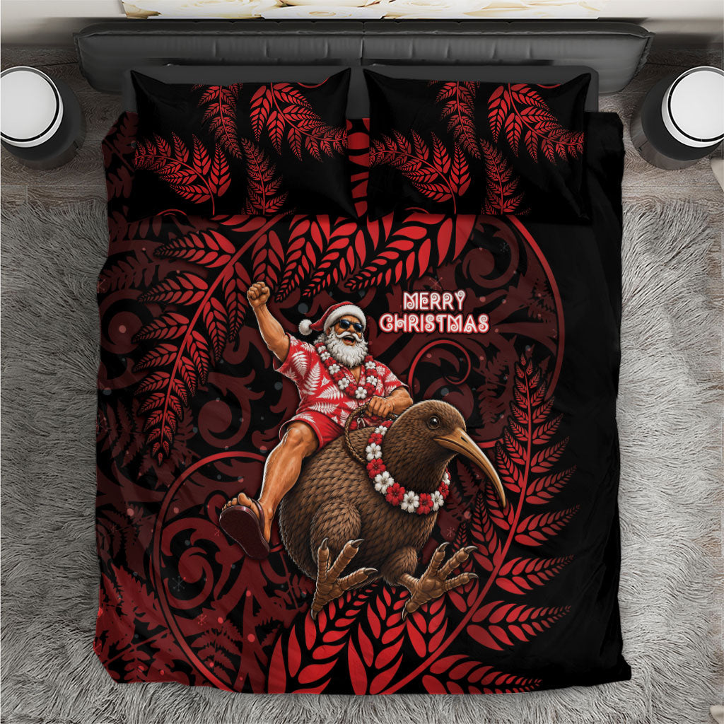 New Zealand Christmas Bedding Set Red Santa Riding Kiwi Bird Silver Fern DT05 Red - Polynesian Pride