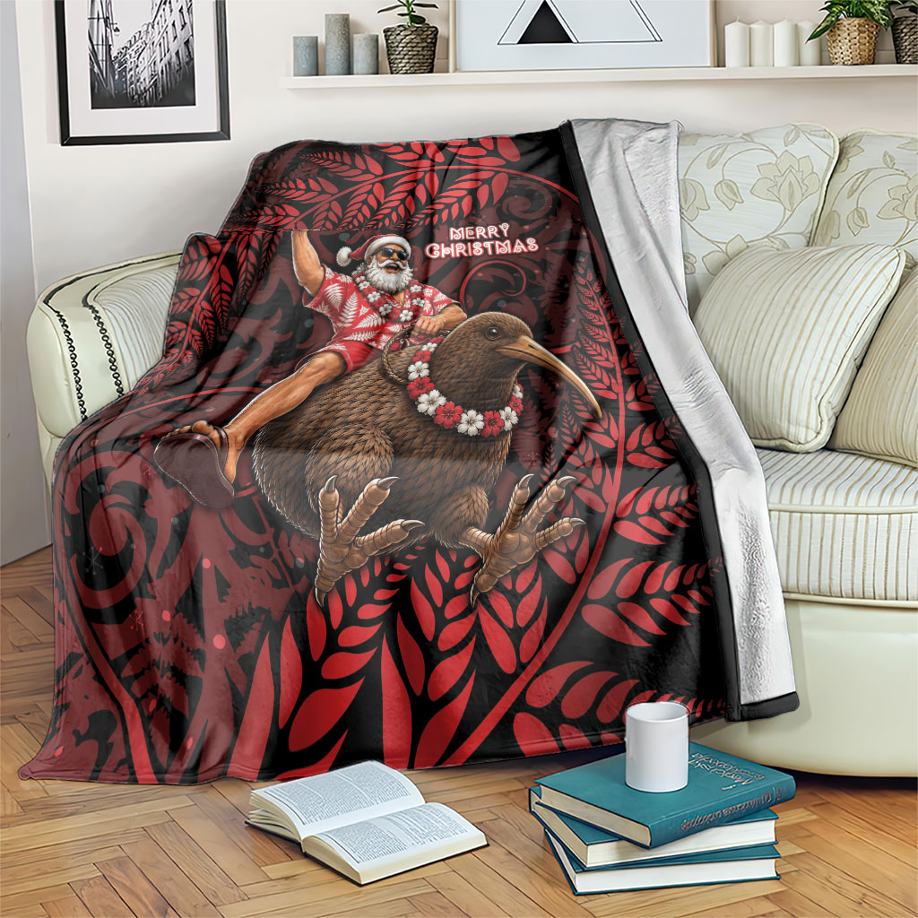 New Zealand Christmas Blanket Red Santa Riding Kiwi Bird Silver Fern DT05 Red - Polynesian Pride