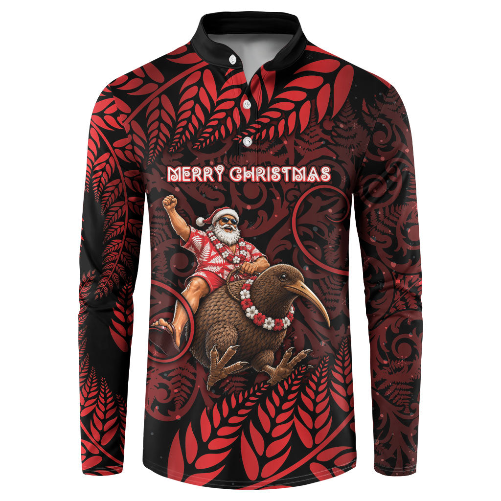 New Zealand Christmas Button Sweatshirt Red Santa Riding Kiwi Bird Silver Fern DT05 Red - Polynesian Pride