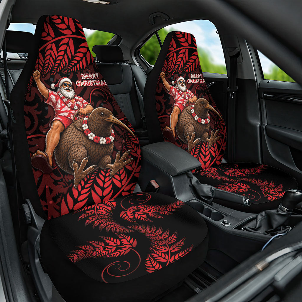 New Zealand Christmas Car Seat Cover Red Santa Riding Kiwi Bird Silver Fern DT05 One Size Red - Polynesian Pride
