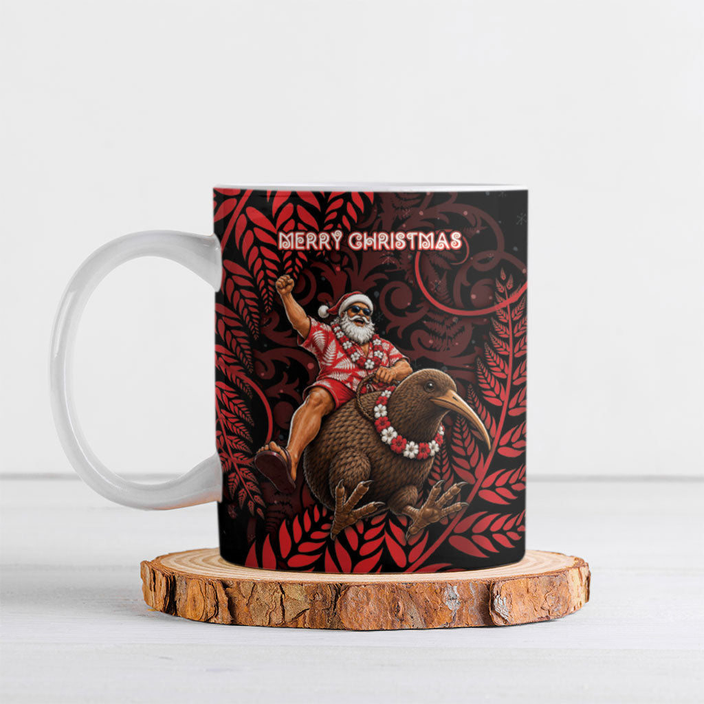 New Zealand Christmas Ceramic Mug Red Santa Riding Kiwi Bird Silver Fern DT05 Red - Polynesian Pride