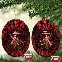 New Zealand Christmas Ceramic Ornament Red Santa Riding Kiwi Bird Silver Fern DT05 Oval Red - Polynesian Pride