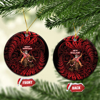 New Zealand Christmas Ceramic Ornament Red Santa Riding Kiwi Bird Silver Fern DT05 Circle Red - Polynesian Pride
