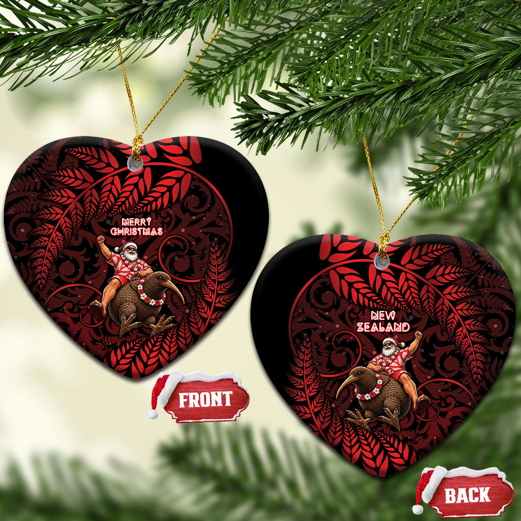 New Zealand Christmas Ceramic Ornament Red Santa Riding Kiwi Bird Silver Fern DT05 Heart Red - Polynesian Pride