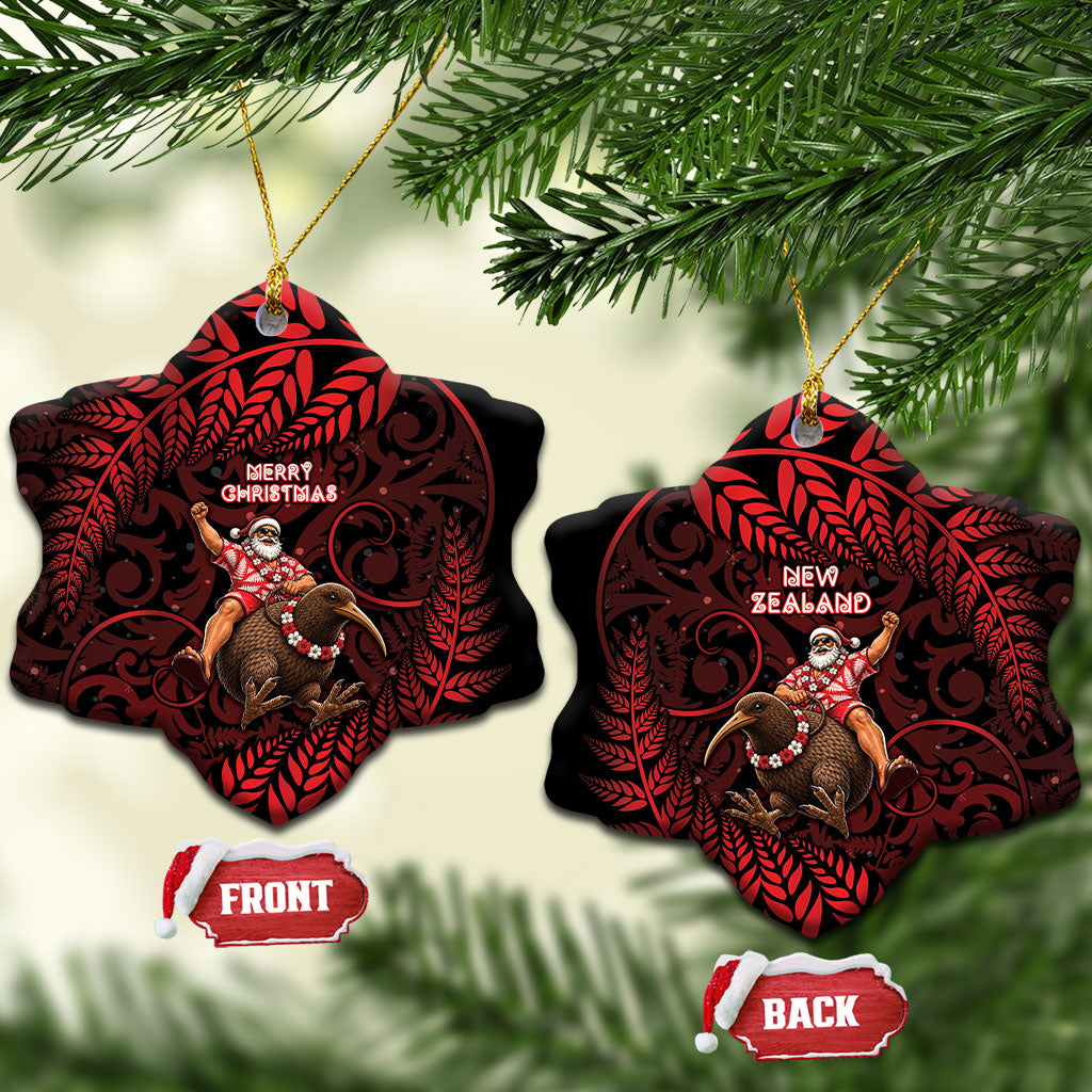 New Zealand Christmas Ceramic Ornament Red Santa Riding Kiwi Bird Silver Fern DT05 Snow Flake Red - Polynesian Pride