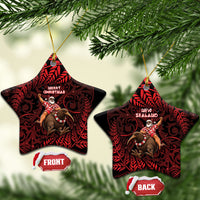 New Zealand Christmas Ceramic Ornament Red Santa Riding Kiwi Bird Silver Fern DT05 Star Red - Polynesian Pride