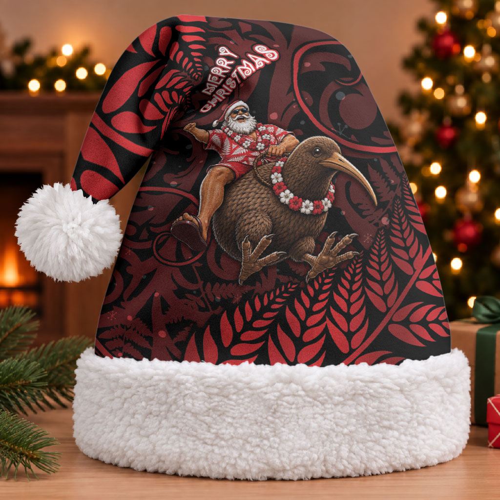 New Zealand Christmas Santa Hat Red Santa Riding Kiwi Bird Silver Fern DT05 With Fur Red - Polynesian Pride