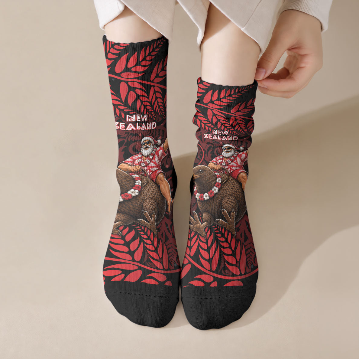 New Zealand Christmas Crew Socks Red Santa Riding Kiwi Bird Silver Fern DT05 Crew Socks Red - Polynesian Pride