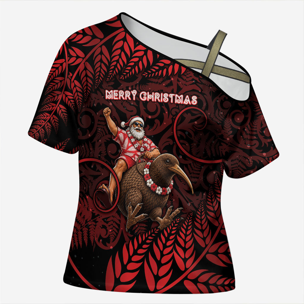 New Zealand Christmas Cross Shoulder Shirt Red Santa Riding Kiwi Bird Silver Fern DT05 Female Red - Polynesian Pride