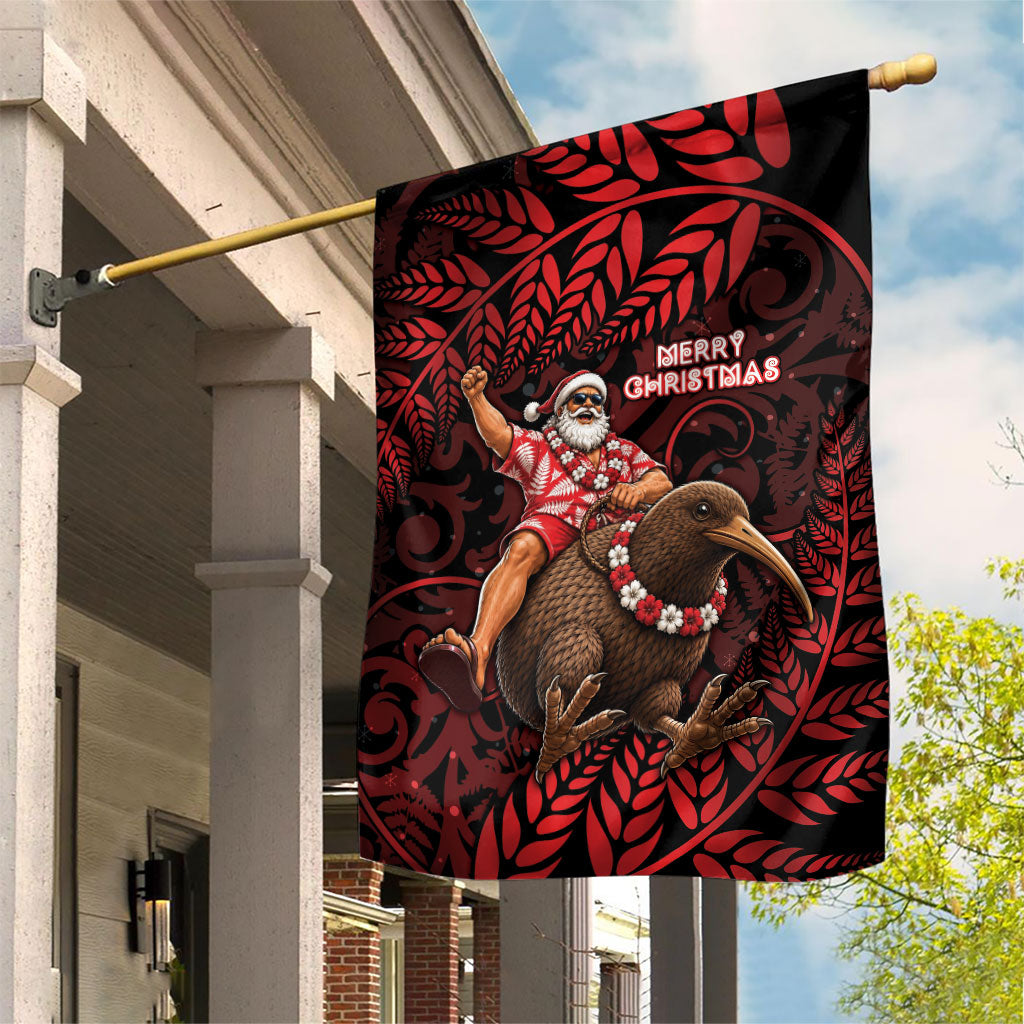 New Zealand Christmas Garden Flag Red Santa Riding Kiwi Bird Silver Fern DT05 House Flag Red - Polynesian Pride