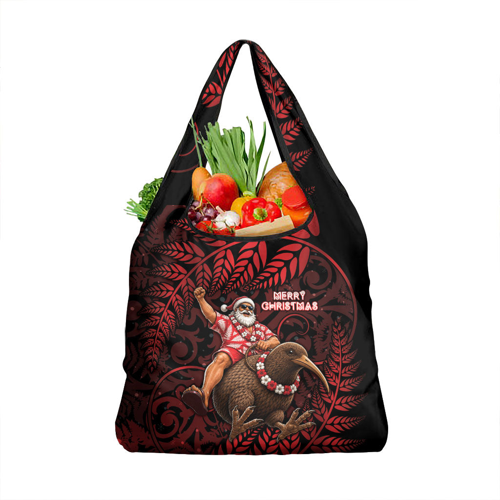 New Zealand Christmas Grocery Bag Red Santa Riding Kiwi Bird Silver Fern DT05 1-pack One Size Red - Polynesian Pride