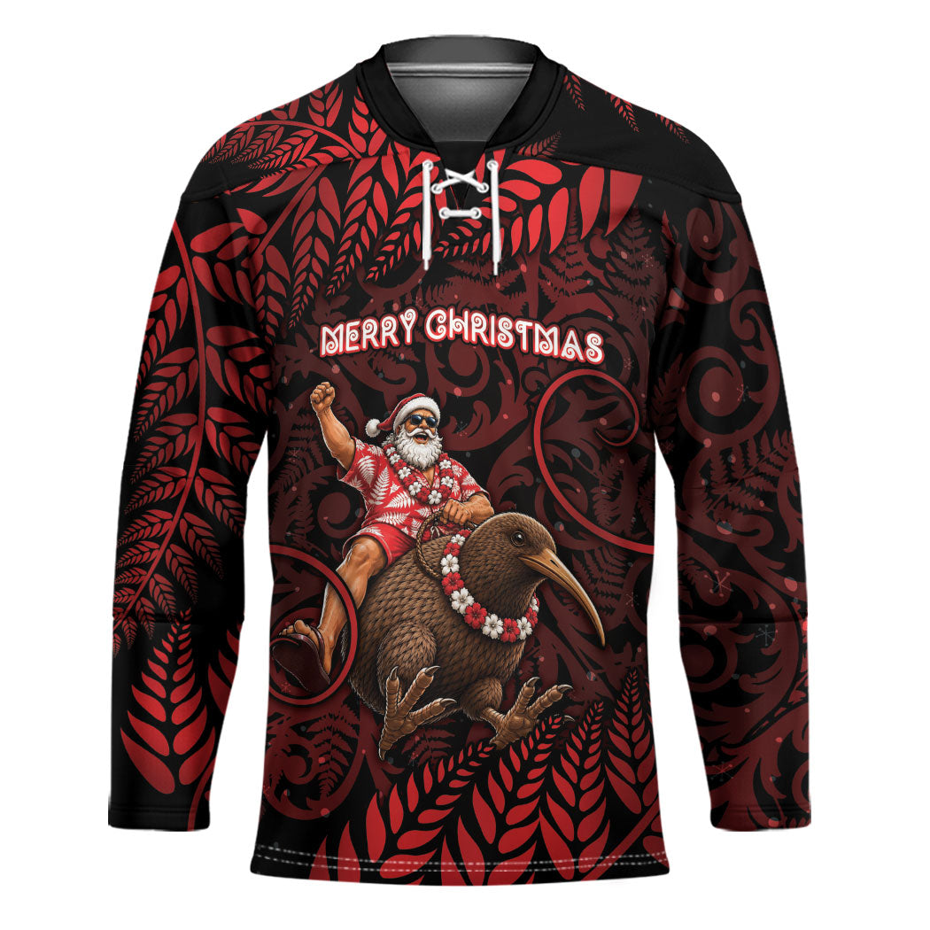 New Zealand Christmas Hockey Jersey Red Santa Riding Kiwi Bird Silver Fern DT05 Unisex Red - Polynesian Pride