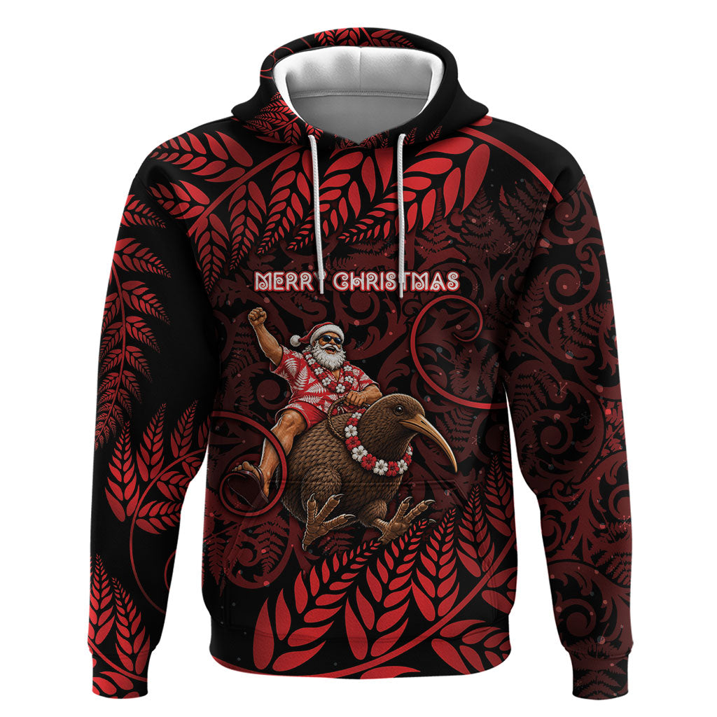 New Zealand Christmas Hoodie Red Santa Riding Kiwi Bird Silver Fern DT05 Pullover Hoodie Red - Polynesian Pride