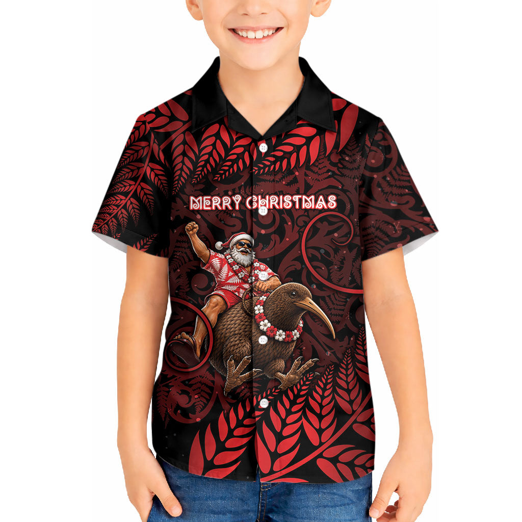 New Zealand Christmas Kid Hawaiian Shirt Red Santa Riding Kiwi Bird Silver Fern DT05 Kid Red - Polynesian Pride