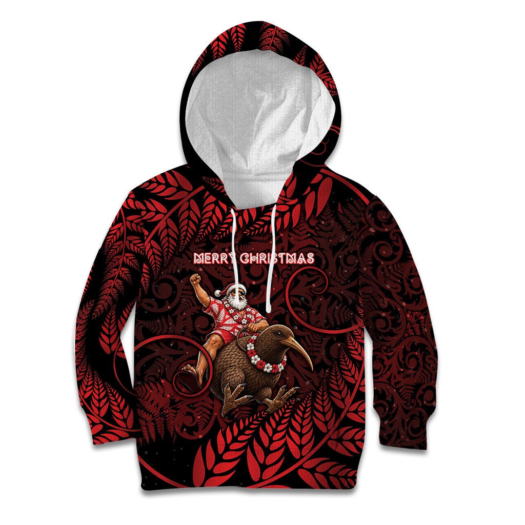 New Zealand Christmas Kid Hoodie Red Santa Riding Kiwi Bird Silver Fern DT05 Hoodie Red - Polynesian Pride