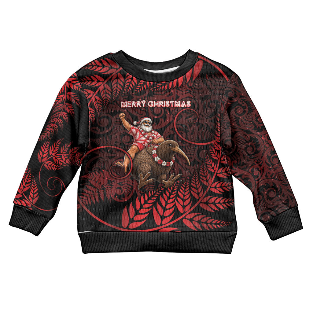 New Zealand Christmas Kid Ugly Christmas Sweater Red Santa Riding Kiwi Bird Silver Fern DT05 Kid Red - Polynesian Pride